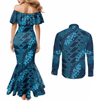 Naval Night Aloha Hawaii Couples Matching Mermaid Dress and Long Sleeve Button Shirt Hawaiian Kakau Ohia Lehua Lei LT14 - Polynesian Pride
