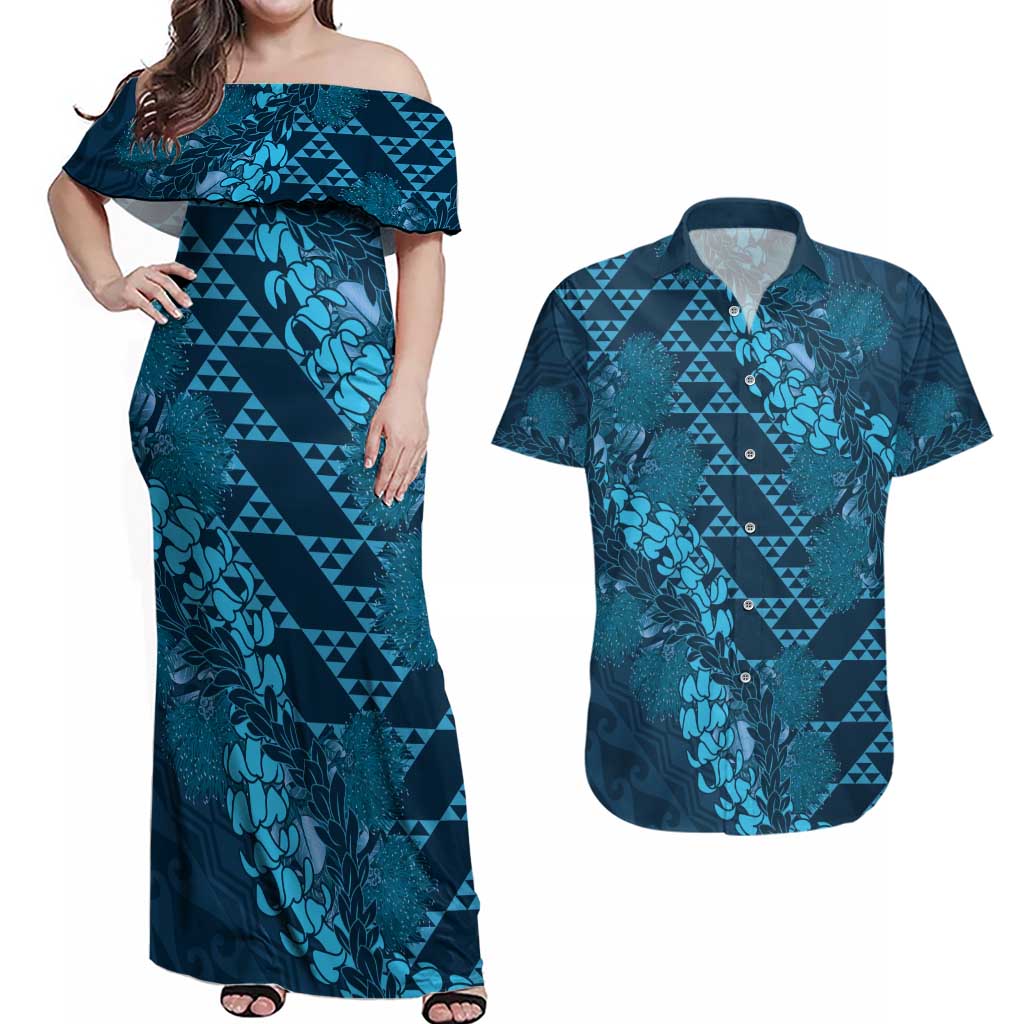 Naval Night Aloha Hawaii Couples Matching Off Shoulder Maxi Dress and Hawaiian Shirt Hawaiian Kakau Ohia Lehua Lei LT14 Blue - Polynesian Pride
