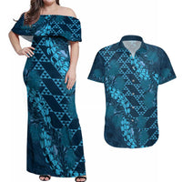 Naval Night Aloha Hawaii Couples Matching Off Shoulder Maxi Dress and Hawaiian Shirt Hawaiian Kakau Ohia Lehua Lei LT14 Blue - Polynesian Pride