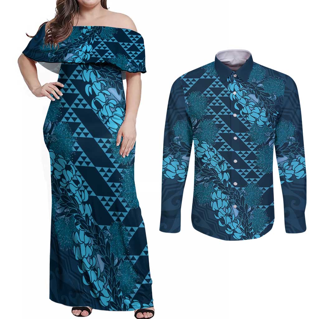 Naval Night Aloha Hawaii Couples Matching Off Shoulder Maxi Dress and Long Sleeve Button Shirt Hawaiian Kakau Ohia Lehua Lei LT14 Blue - Polynesian Pride