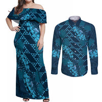 Naval Night Aloha Hawaii Couples Matching Off Shoulder Maxi Dress and Long Sleeve Button Shirt Hawaiian Kakau Ohia Lehua Lei LT14 Blue - Polynesian Pride