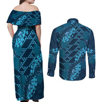 Naval Night Aloha Hawaii Couples Matching Off Shoulder Maxi Dress and Long Sleeve Button Shirt Hawaiian Kakau Ohia Lehua Lei LT14 - Polynesian Pride