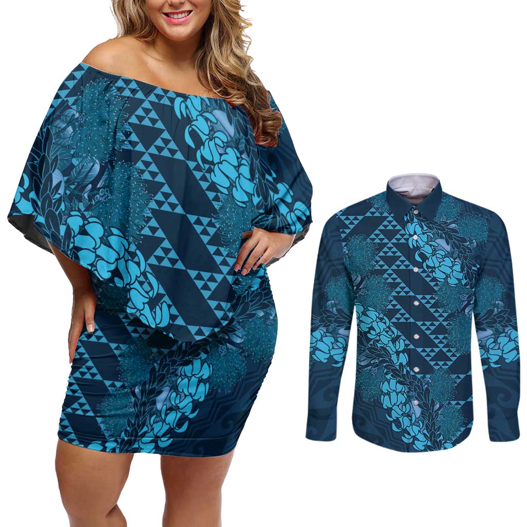Naval Night Aloha Hawaii Couples Matching Off Shoulder Short Dress and Long Sleeve Button Shirt Hawaiian Kakau Ohia Lehua Lei LT14 Blue - Polynesian Pride