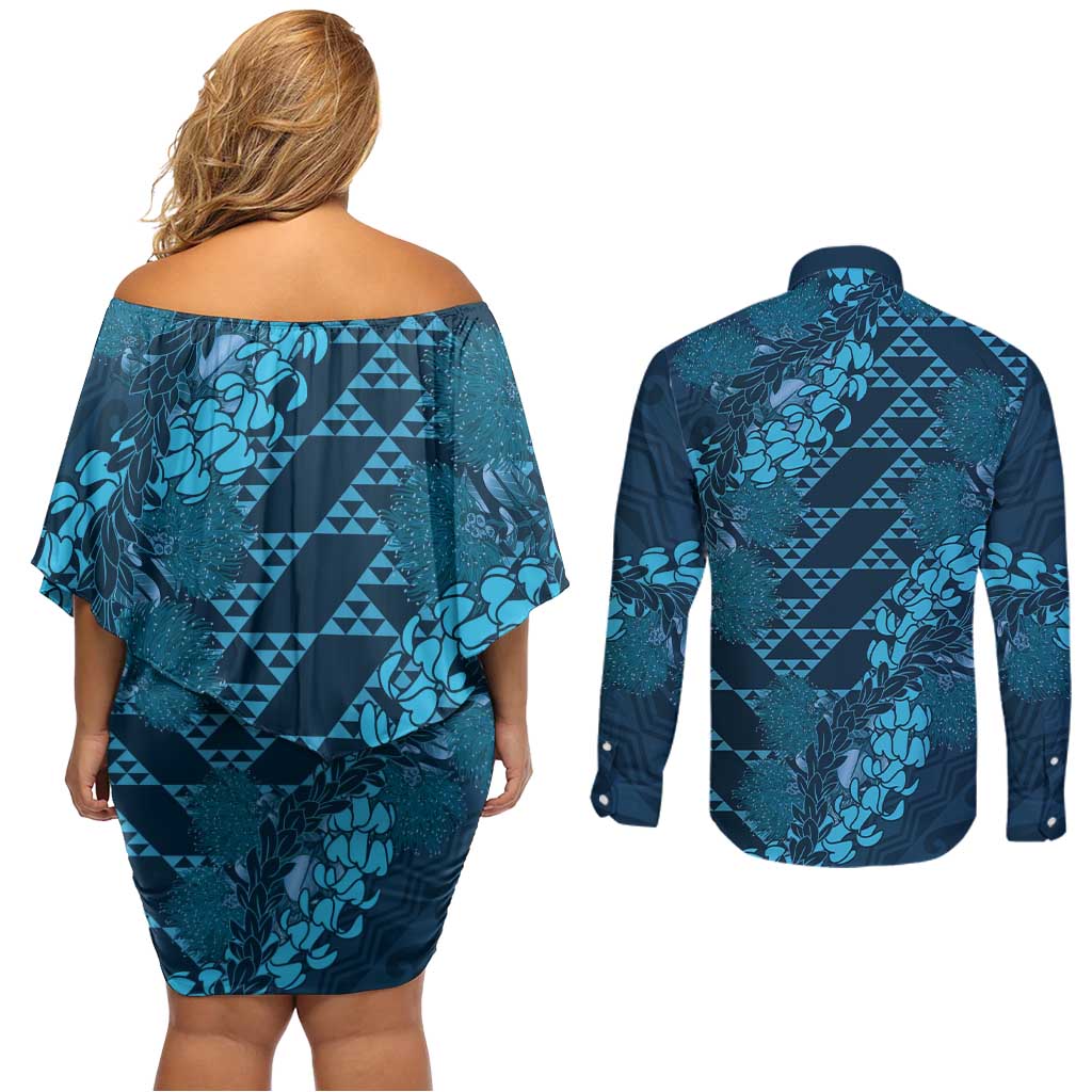 Naval Night Aloha Hawaii Couples Matching Off Shoulder Short Dress and Long Sleeve Button Shirt Hawaiian Kakau Ohia Lehua Lei LT14 - Polynesian Pride