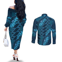 Naval Night Aloha Hawaii Couples Matching Off The Shoulder Long Sleeve Dress and Long Sleeve Button Shirt Hawaiian Kakau Ohia Lehua Lei LT14 - Polynesian Pride