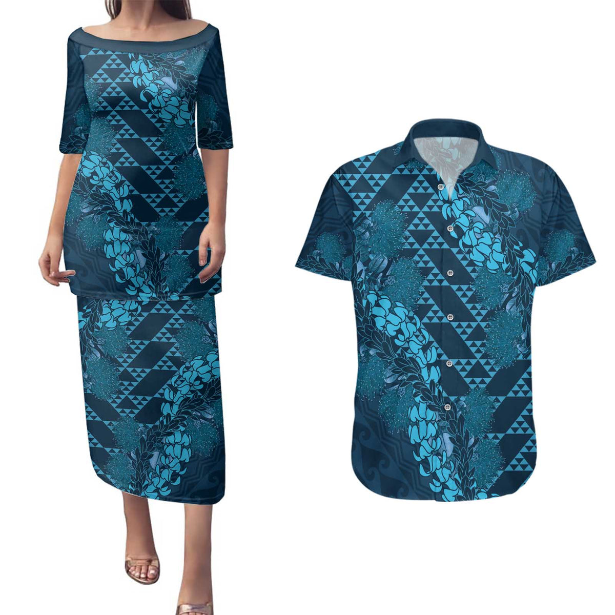 Naval Night Aloha Hawaii Couples Matching Puletasi and Hawaiian Shirt Hawaiian Kakau Ohia Lehua Lei LT14 Blue - Polynesian Pride