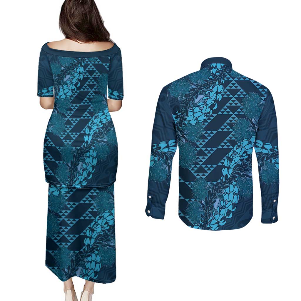 Naval Night Aloha Hawaii Couples Matching Puletasi and Long Sleeve Button Shirt Hawaiian Kakau Ohia Lehua Lei LT14 - Polynesian Pride