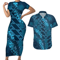 Naval Night Aloha Hawaii Couples Matching Short Sleeve Bodycon Dress and Hawaiian Shirt Hawaiian Kakau Ohia Lehua Lei LT14 Blue - Polynesian Pride