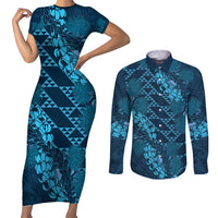 Naval Night Aloha Hawaii Couples Matching Short Sleeve Bodycon Dress and Long Sleeve Button Shirt Hawaiian Kakau Ohia Lehua Lei LT14 Blue - Polynesian Pride