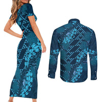 Naval Night Aloha Hawaii Couples Matching Short Sleeve Bodycon Dress and Long Sleeve Button Shirt Hawaiian Kakau Ohia Lehua Lei LT14 - Polynesian Pride