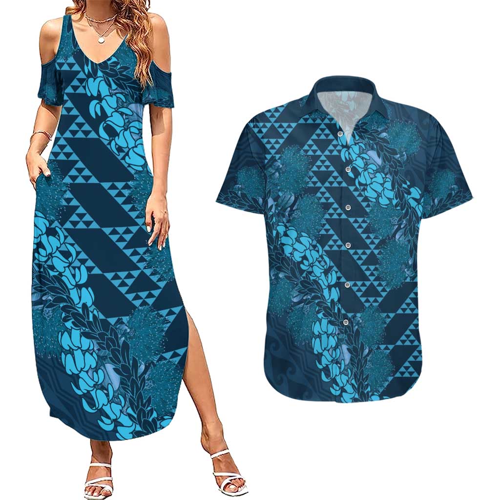 Naval Night Aloha Hawaii Couples Matching Summer Maxi Dress and Hawaiian Shirt Hawaiian Kakau Ohia Lehua Lei LT14 Blue - Polynesian Pride
