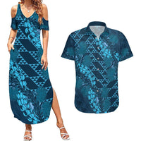 Naval Night Aloha Hawaii Couples Matching Summer Maxi Dress and Hawaiian Shirt Hawaiian Kakau Ohia Lehua Lei LT14 Blue - Polynesian Pride