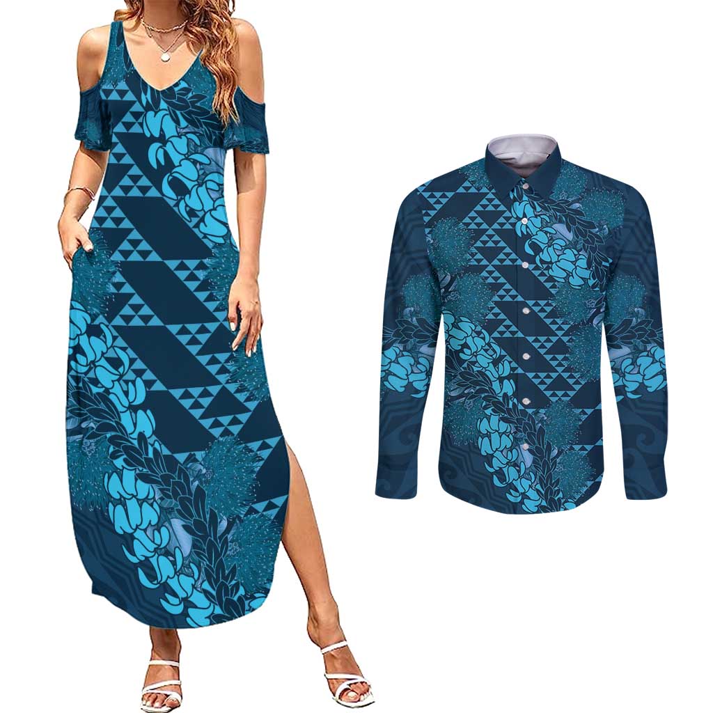 Naval Night Aloha Hawaii Couples Matching Summer Maxi Dress and Long Sleeve Button Shirt Hawaiian Kakau Ohia Lehua Lei LT14 Blue - Polynesian Pride