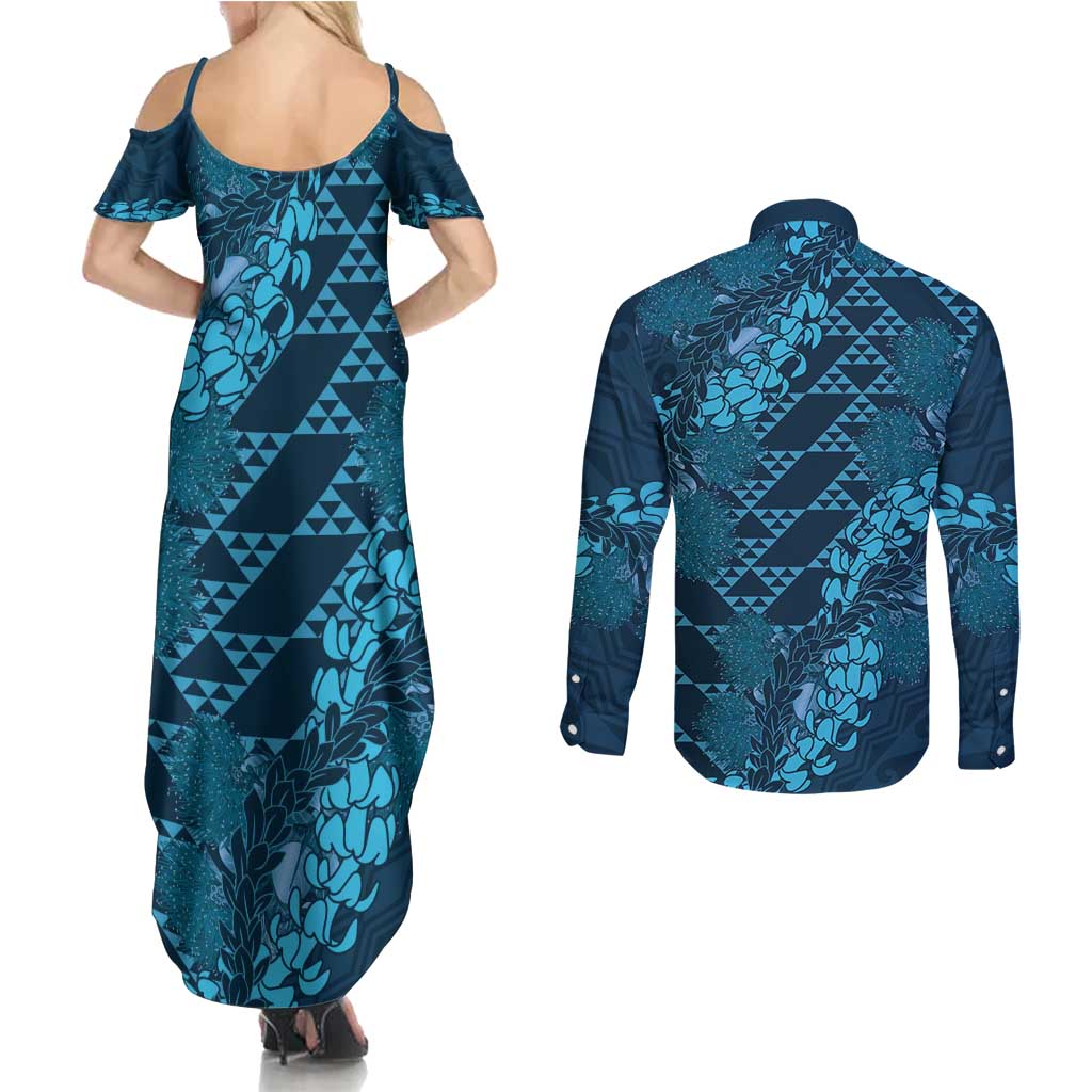 Naval Night Aloha Hawaii Couples Matching Summer Maxi Dress and Long Sleeve Button Shirt Hawaiian Kakau Ohia Lehua Lei LT14 - Polynesian Pride