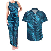 Naval Night Aloha Hawaii Couples Matching Tank Maxi Dress and Hawaiian Shirt Hawaiian Kakau Ohia Lehua Lei LT14 Blue - Polynesian Pride