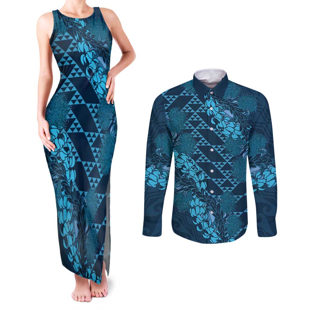 Naval Night Aloha Hawaii Couples Matching Tank Maxi Dress and Long Sleeve Button Shirt Hawaiian Kakau Ohia Lehua Lei LT14 Blue - Polynesian Pride