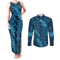 Naval Night Aloha Hawaii Couples Matching Tank Maxi Dress and Long Sleeve Button Shirt Hawaiian Kakau Ohia Lehua Lei LT14 Blue - Polynesian Pride