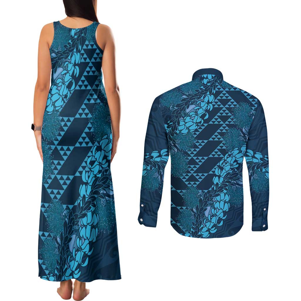 Naval Night Aloha Hawaii Couples Matching Tank Maxi Dress and Long Sleeve Button Shirt Hawaiian Kakau Ohia Lehua Lei LT14 - Polynesian Pride