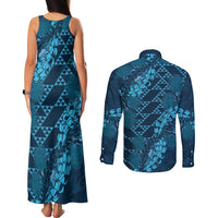 Naval Night Aloha Hawaii Couples Matching Tank Maxi Dress and Long Sleeve Button Shirt Hawaiian Kakau Ohia Lehua Lei LT14 - Polynesian Pride