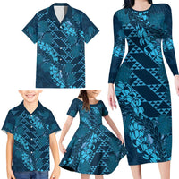 Naval Night Aloha Hawaii Family Matching Long Sleeve Bodycon Dress and Hawaiian Shirt Hawaiian Kakau Ohia Lehua Lei LT14 - Polynesian Pride