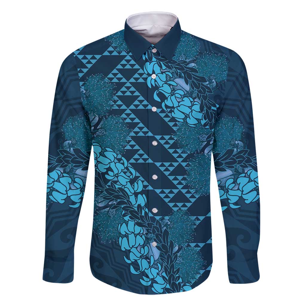 Naval Night Aloha Hawaii Family Matching Long Sleeve Bodycon Dress and Hawaiian Shirt Hawaiian Kakau Ohia Lehua Lei LT14 Dad's Shirt - Long Sleeve Blue - Polynesian Pride