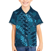 Naval Night Aloha Hawaii Family Matching Long Sleeve Bodycon Dress and Hawaiian Shirt Hawaiian Kakau Ohia Lehua Lei LT14 Son's Shirt Blue - Polynesian Pride