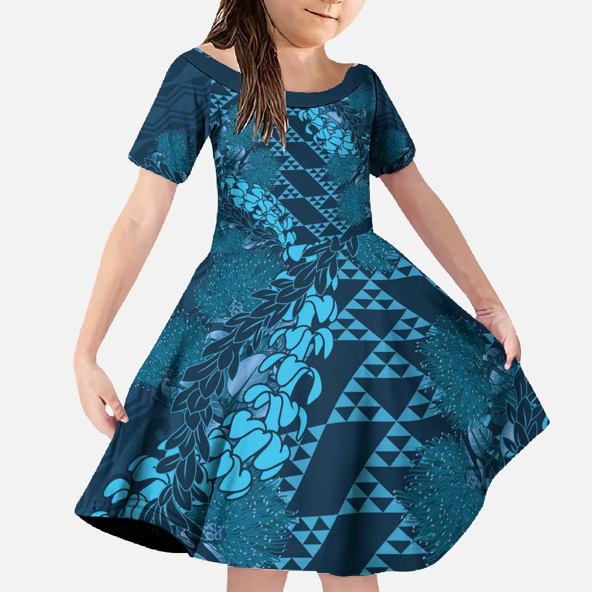 Naval Night Aloha Hawaii Family Matching Off The Shoulder Long Sleeve Dress and Hawaiian Shirt Hawaiian Kakau Ohia Lehua Lei LT14 Daughter's Dress Blue - Polynesian Pride