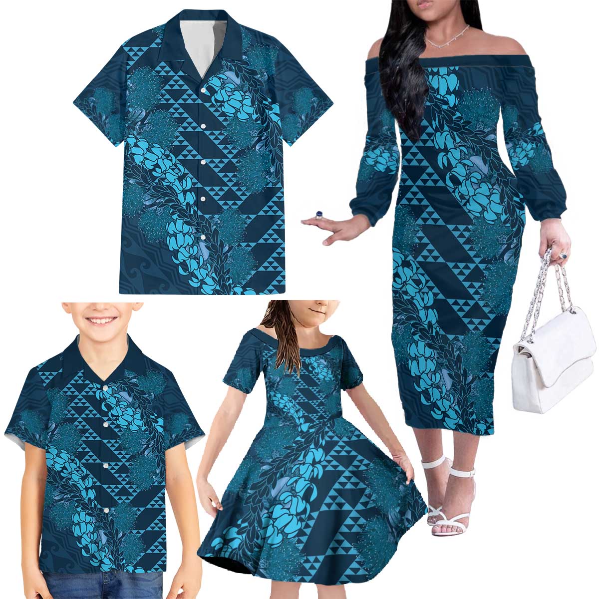Naval Night Aloha Hawaii Family Matching Off The Shoulder Long Sleeve Dress and Hawaiian Shirt Hawaiian Kakau Ohia Lehua Lei LT14 - Polynesian Pride