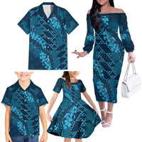 Naval Night Aloha Hawaii Family Matching Off The Shoulder Long Sleeve Dress and Hawaiian Shirt Hawaiian Kakau Ohia Lehua Lei LT14 - Polynesian Pride