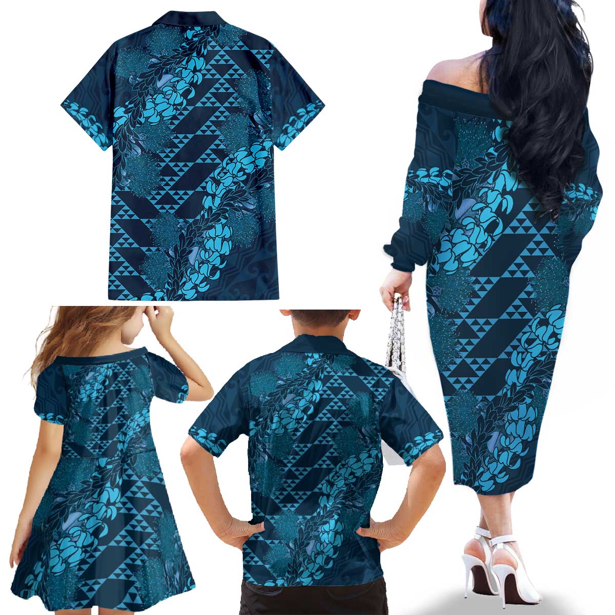 Naval Night Aloha Hawaii Family Matching Off The Shoulder Long Sleeve Dress and Hawaiian Shirt Hawaiian Kakau Ohia Lehua Lei LT14 - Polynesian Pride