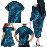 Naval Night Aloha Hawaii Family Matching Off The Shoulder Long Sleeve Dress and Hawaiian Shirt Hawaiian Kakau Ohia Lehua Lei LT14 - Polynesian Pride