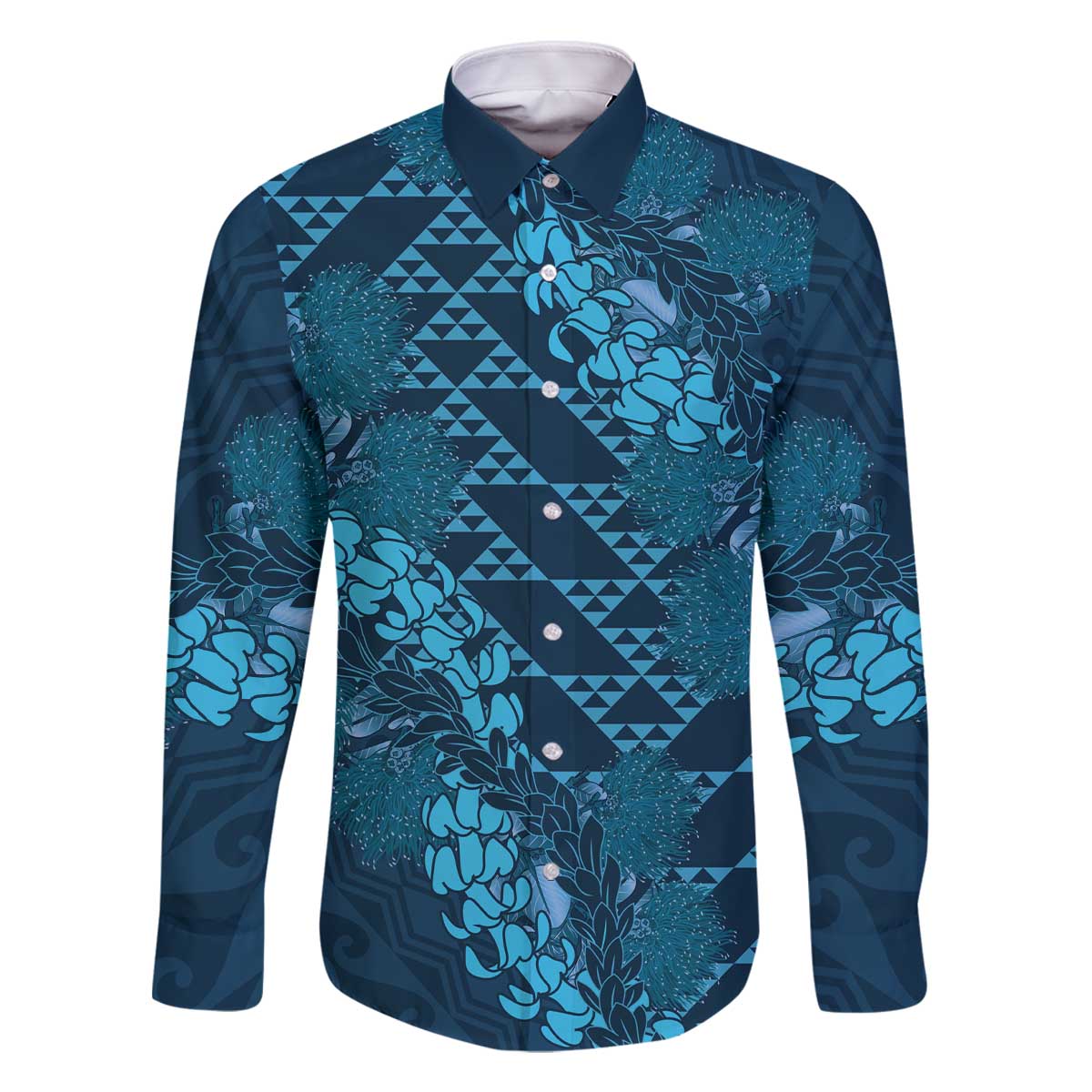 Naval Night Aloha Hawaii Family Matching Off The Shoulder Long Sleeve Dress and Hawaiian Shirt Hawaiian Kakau Ohia Lehua Lei LT14 Dad's Shirt - Long Sleeve Blue - Polynesian Pride