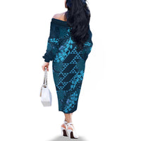 Naval Night Aloha Hawaii Family Matching Off The Shoulder Long Sleeve Dress and Hawaiian Shirt Hawaiian Kakau Ohia Lehua Lei LT14 - Polynesian Pride