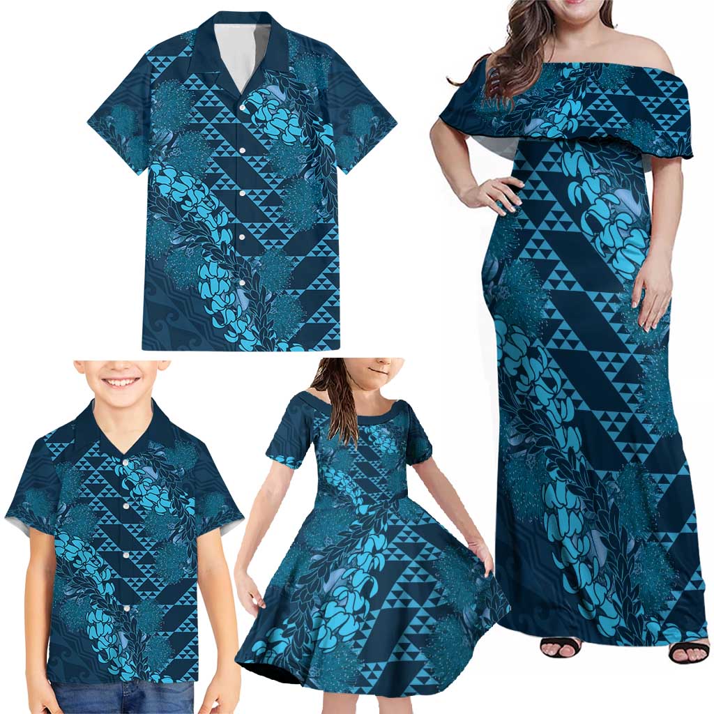 Naval Night Aloha Hawaii Family Matching Off Shoulder Maxi Dress and Hawaiian Shirt Hawaiian Kakau Ohia Lehua Lei LT14 - Polynesian Pride