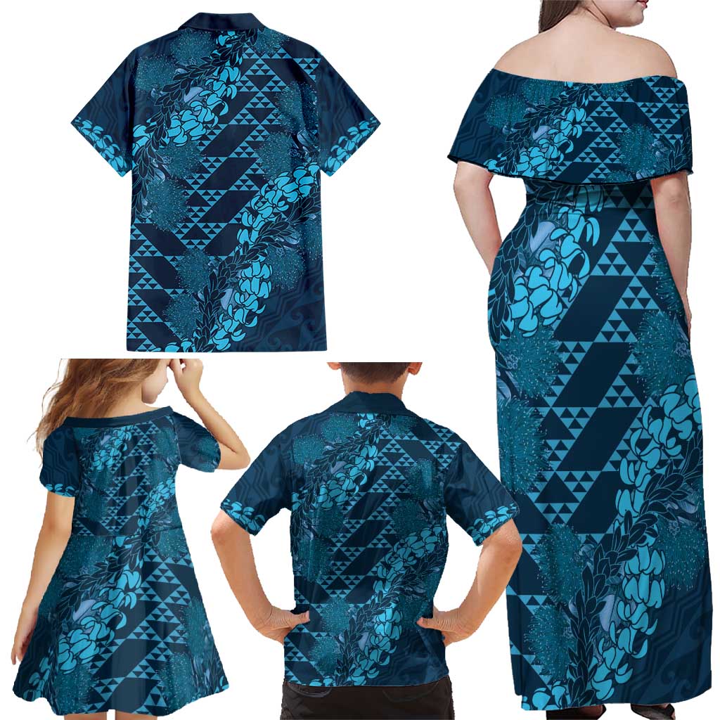 Naval Night Aloha Hawaii Family Matching Off Shoulder Maxi Dress and Hawaiian Shirt Hawaiian Kakau Ohia Lehua Lei LT14 - Polynesian Pride