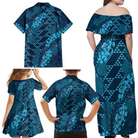 Naval Night Aloha Hawaii Family Matching Off Shoulder Maxi Dress and Hawaiian Shirt Hawaiian Kakau Ohia Lehua Lei LT14 - Polynesian Pride