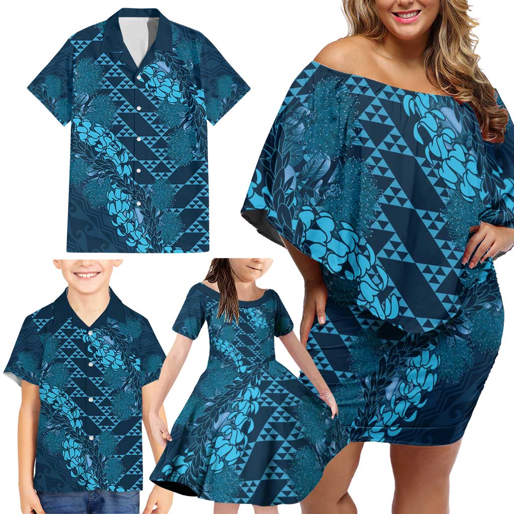 Naval Night Aloha Hawaii Family Matching Off Shoulder Short Dress and Hawaiian Shirt Hawaiian Kakau Ohia Lehua Lei LT14 - Polynesian Pride