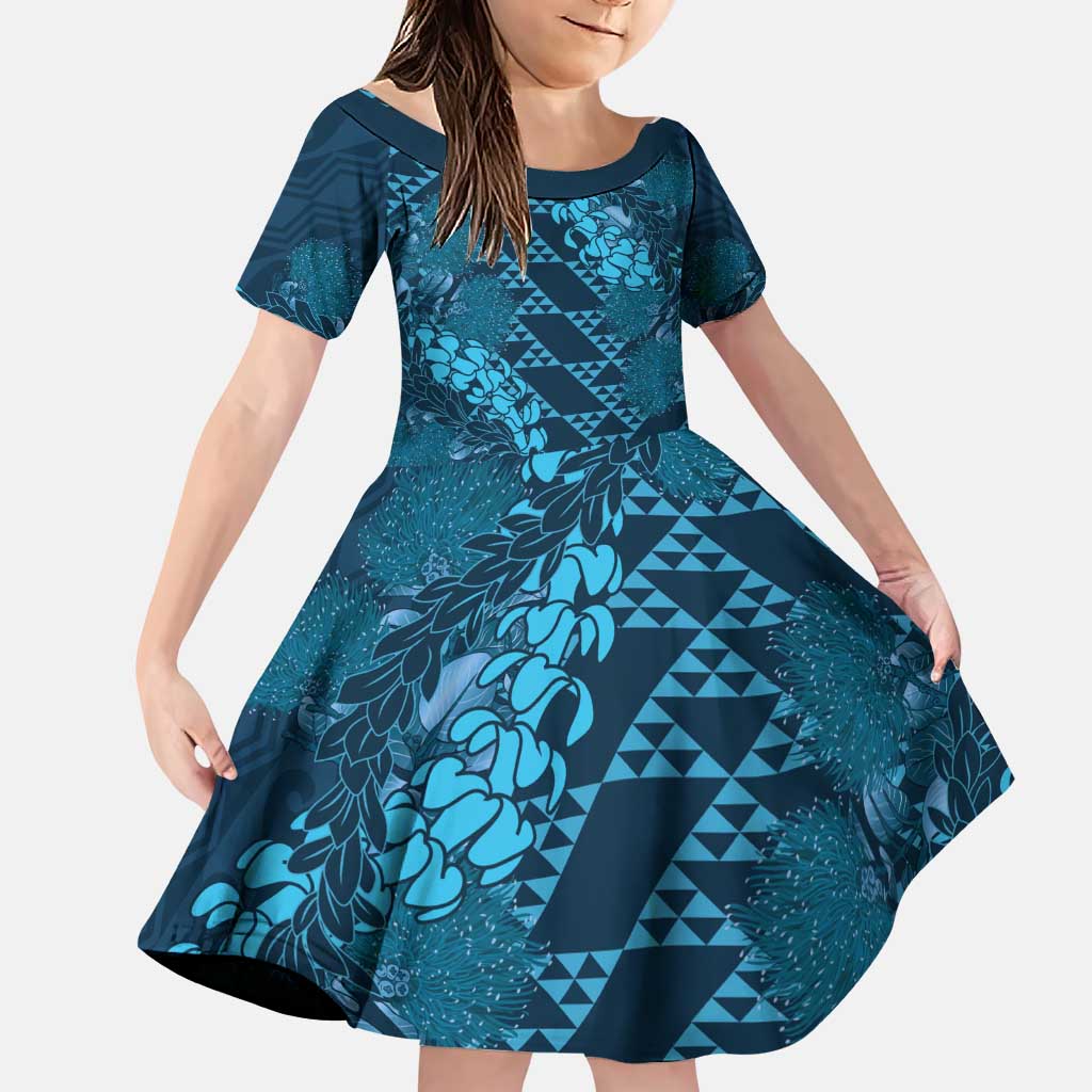 Naval Night Aloha Hawaii Family Matching Puletasi and Hawaiian Shirt Hawaiian Kakau Ohia Lehua Lei LT14 Daughter's Dress Blue - Polynesian Pride
