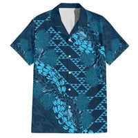 Naval Night Aloha Hawaii Family Matching Puletasi and Hawaiian Shirt Hawaiian Kakau Ohia Lehua Lei LT14 Dad's Shirt - Short Sleeve Blue - Polynesian Pride