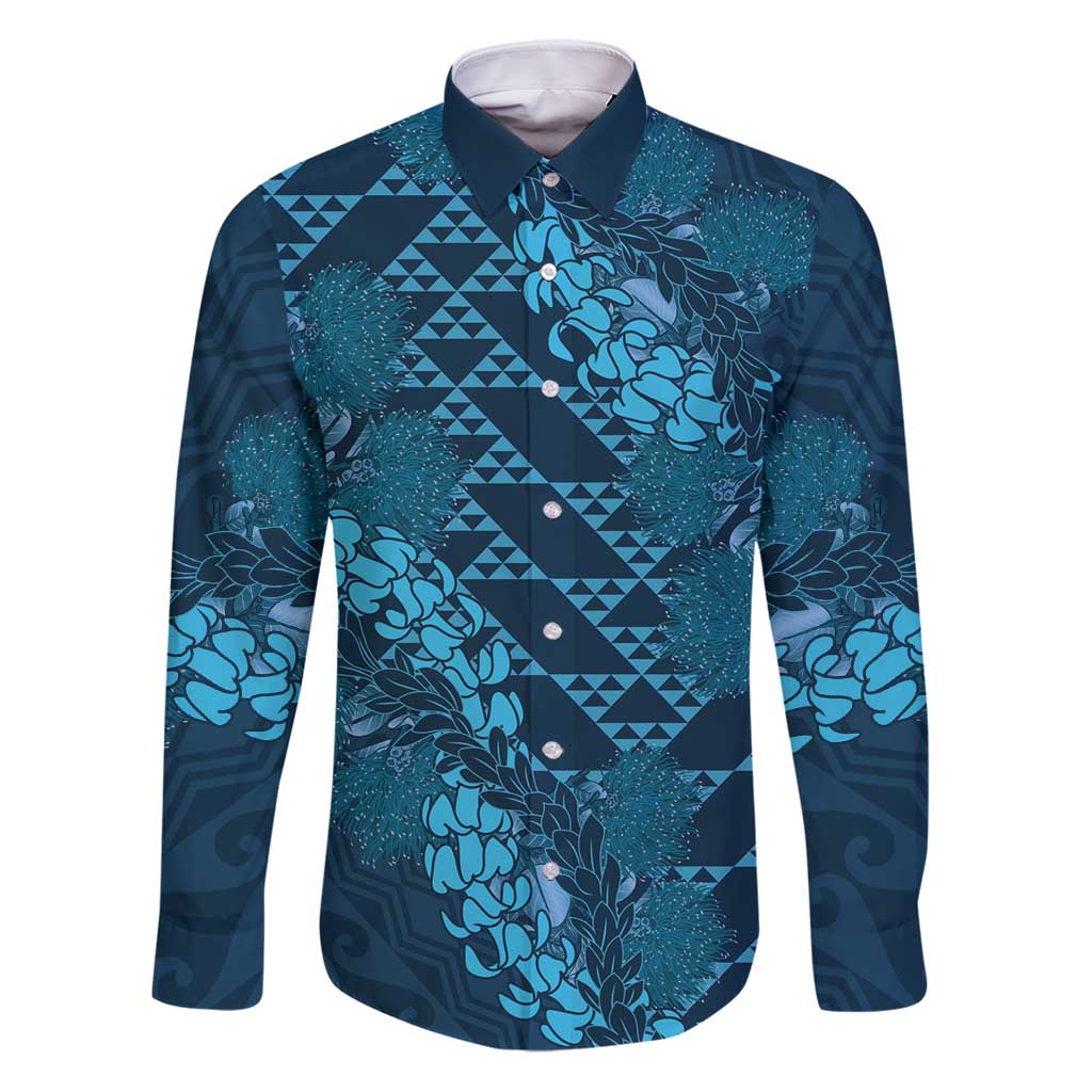 Naval Night Aloha Hawaii Family Matching Puletasi and Hawaiian Shirt Hawaiian Kakau Ohia Lehua Lei LT14 Dad's Shirt - Long Sleeve Blue - Polynesian Pride