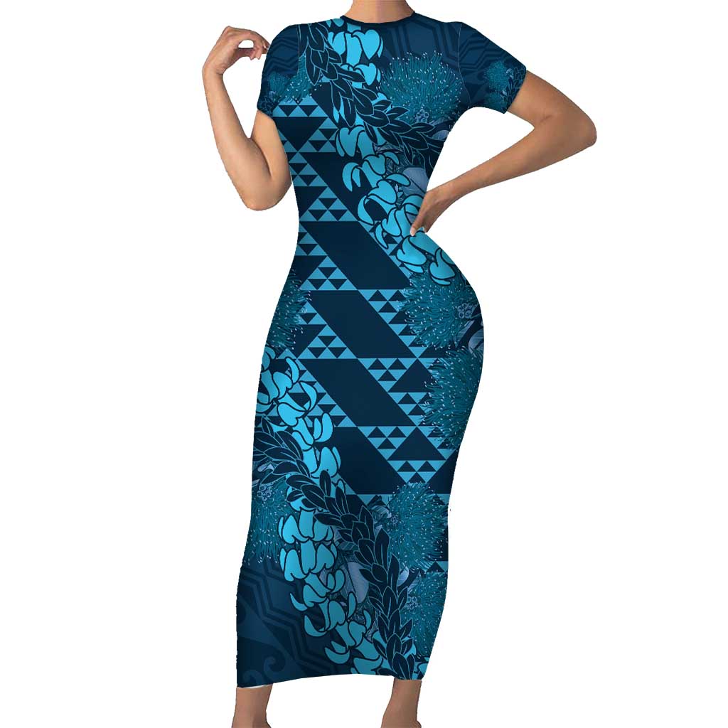 Naval Night Aloha Hawaii Family Matching Short Sleeve Bodycon Dress and Hawaiian Shirt Hawaiian Kakau Ohia Lehua Lei LT14 Mom's Dress Blue - Polynesian Pride