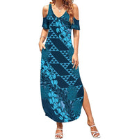 Naval Night Aloha Hawaii Family Matching Summer Maxi Dress and Hawaiian Shirt Hawaiian Kakau Ohia Lehua Lei LT14 Mom's Dress Blue - Polynesian Pride
