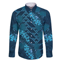Naval Night Aloha Hawaii Family Matching Tank Maxi Dress and Hawaiian Shirt Hawaiian Kakau Ohia Lehua Lei LT14 Dad's Shirt - Long Sleeve Blue - Polynesian Pride