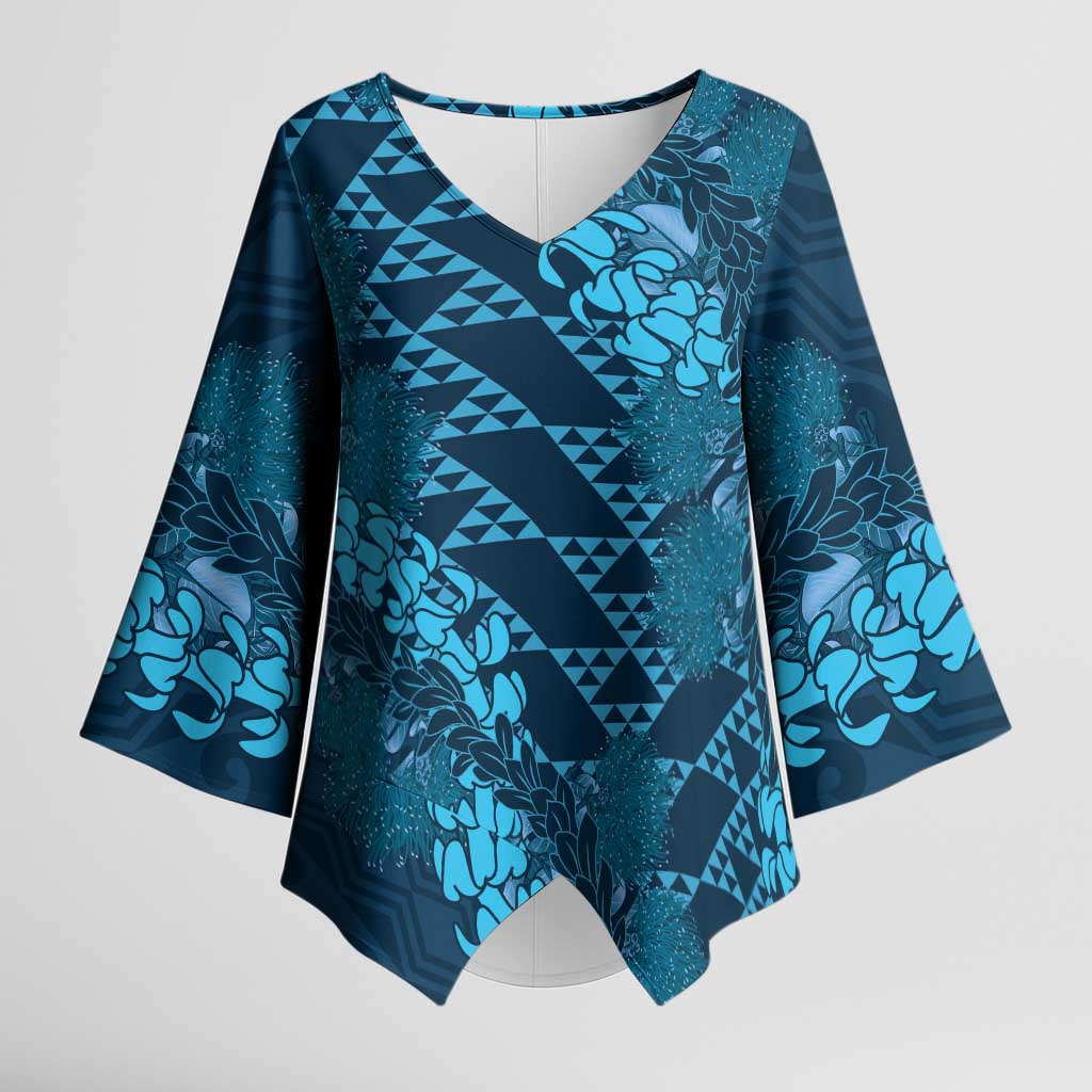 Naval Night Aloha Hawaii Kimono Sleeve Blouse Hawaiian Kakau Ohia Lehua Lei - Polynesian Pride