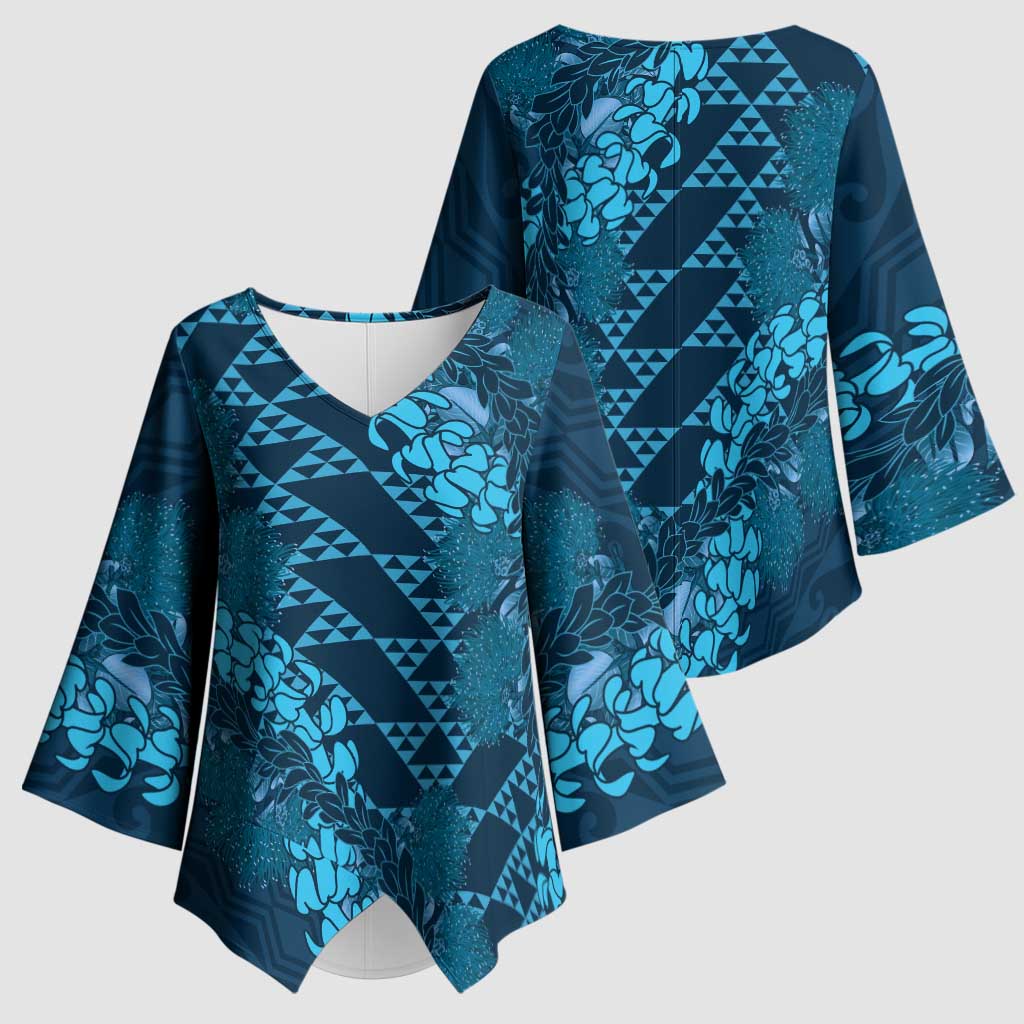 Naval Night Aloha Hawaii Kimono Sleeve Blouse Hawaiian Kakau Ohia Lehua Lei - Polynesian Pride