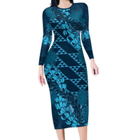 Naval Night Aloha Hawaii Long Sleeve Bodycon Dress Hawaiian Kakau Ohia Lehua Lei LT14 Long Dress Blue - Polynesian Pride