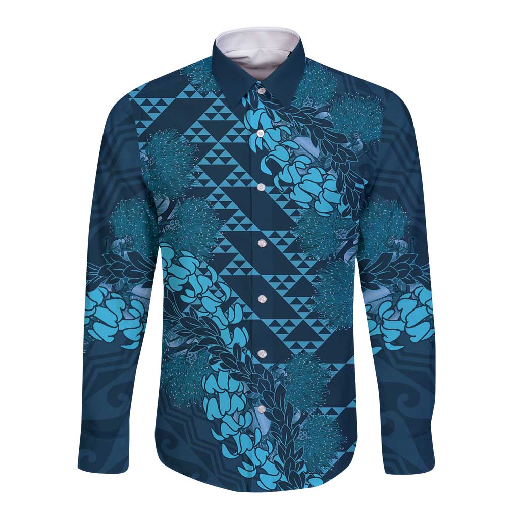 Naval Night Aloha Hawaii Long Sleeve Button Shirt Hawaiian Kakau Ohia Lehua Lei - Polynesian Pride