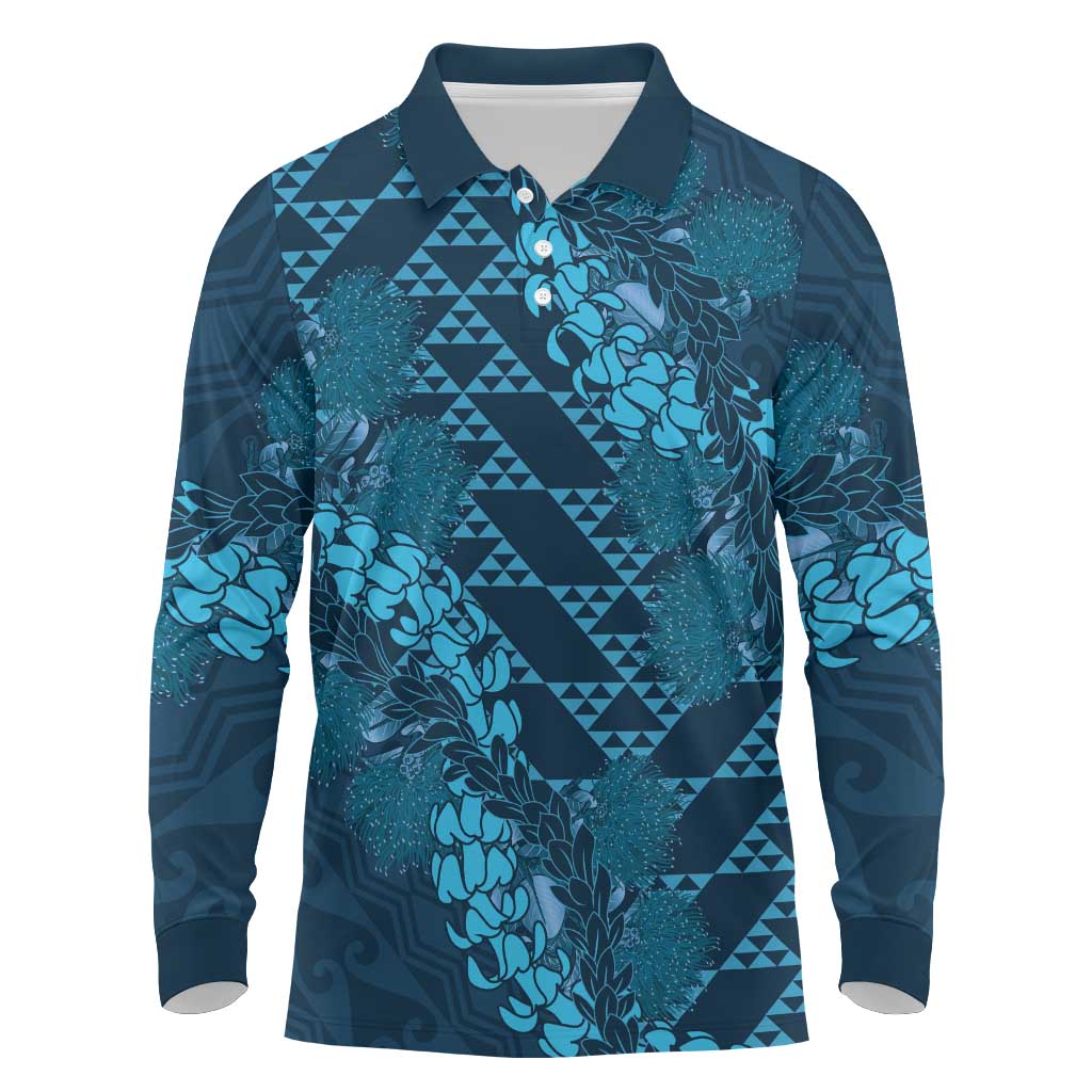 Naval Night Aloha Hawaii Long Sleeve Polo Shirt Hawaiian Kakau Ohia Lehua Lei LT14 Blue - Polynesian Pride