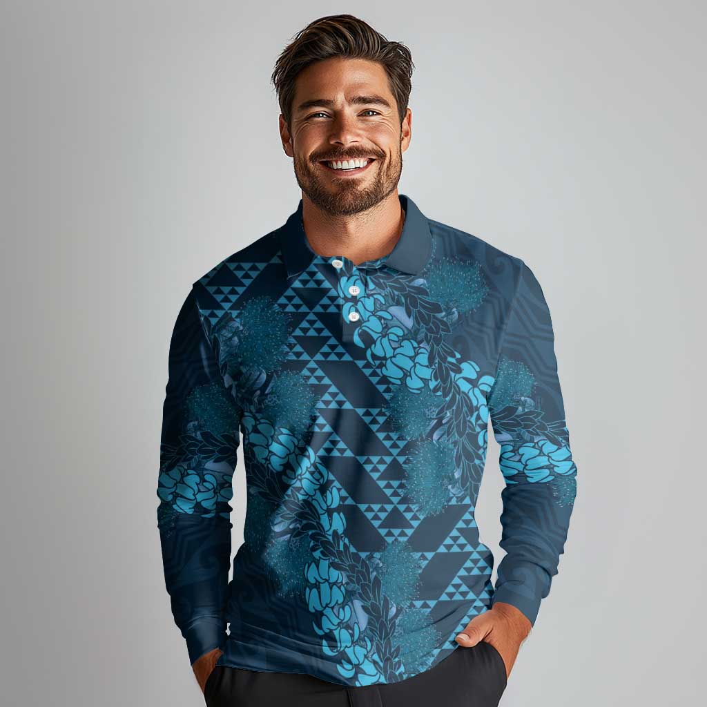 Naval Night Aloha Hawaii Long Sleeve Polo Shirt Hawaiian Kakau Ohia Lehua Lei LT14 - Polynesian Pride