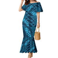 Naval Night Aloha Hawaii Mermaid Dress Hawaiian Kakau Ohia Lehua Lei LT14 Women Blue - Polynesian Pride